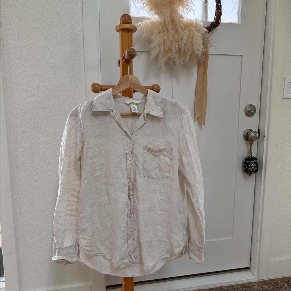 H&M Women’s Beige Linen Button Down Long Sleeve Shirt - Small